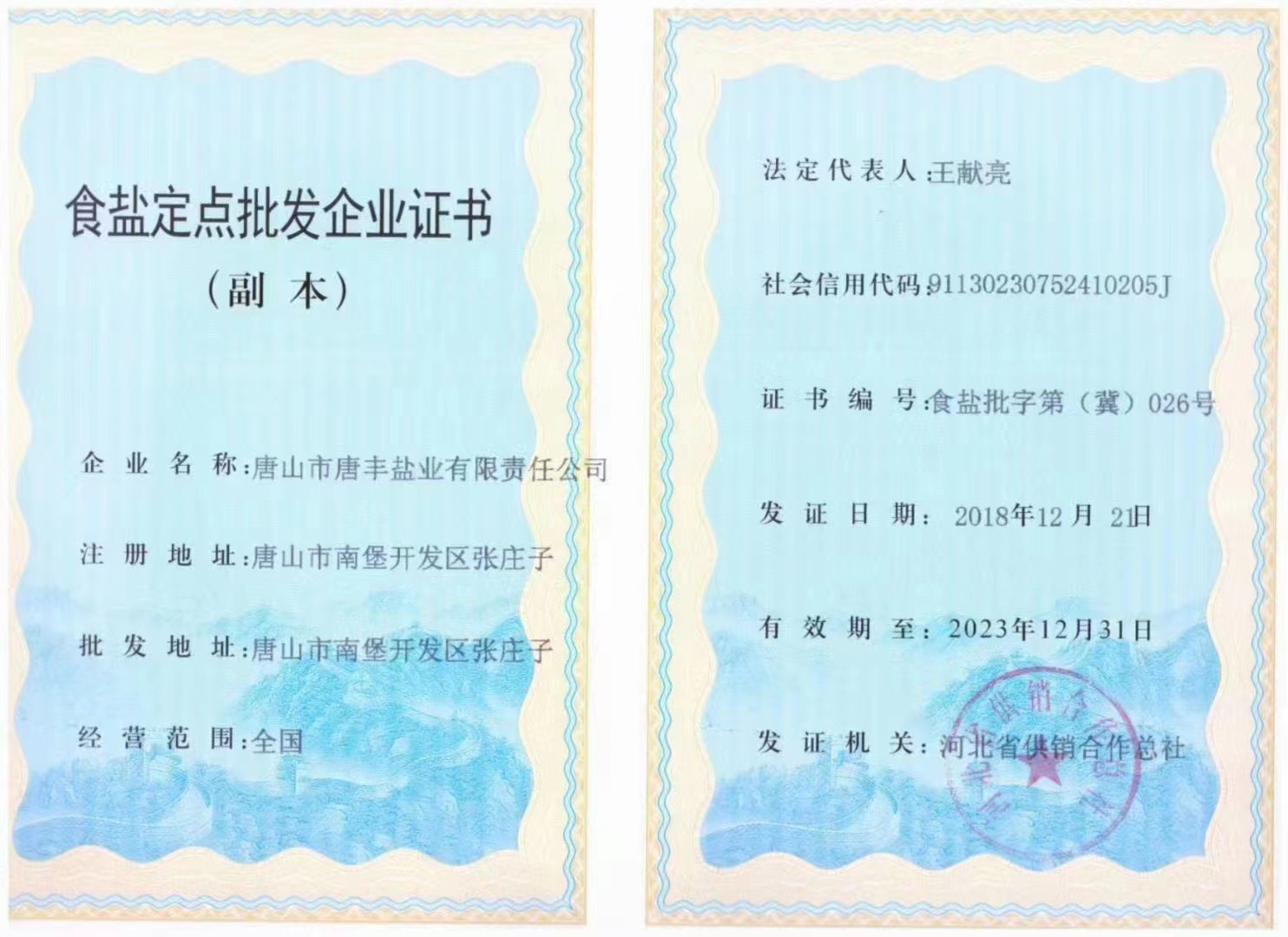 食鹽定點生產企業(yè)證書（副本）